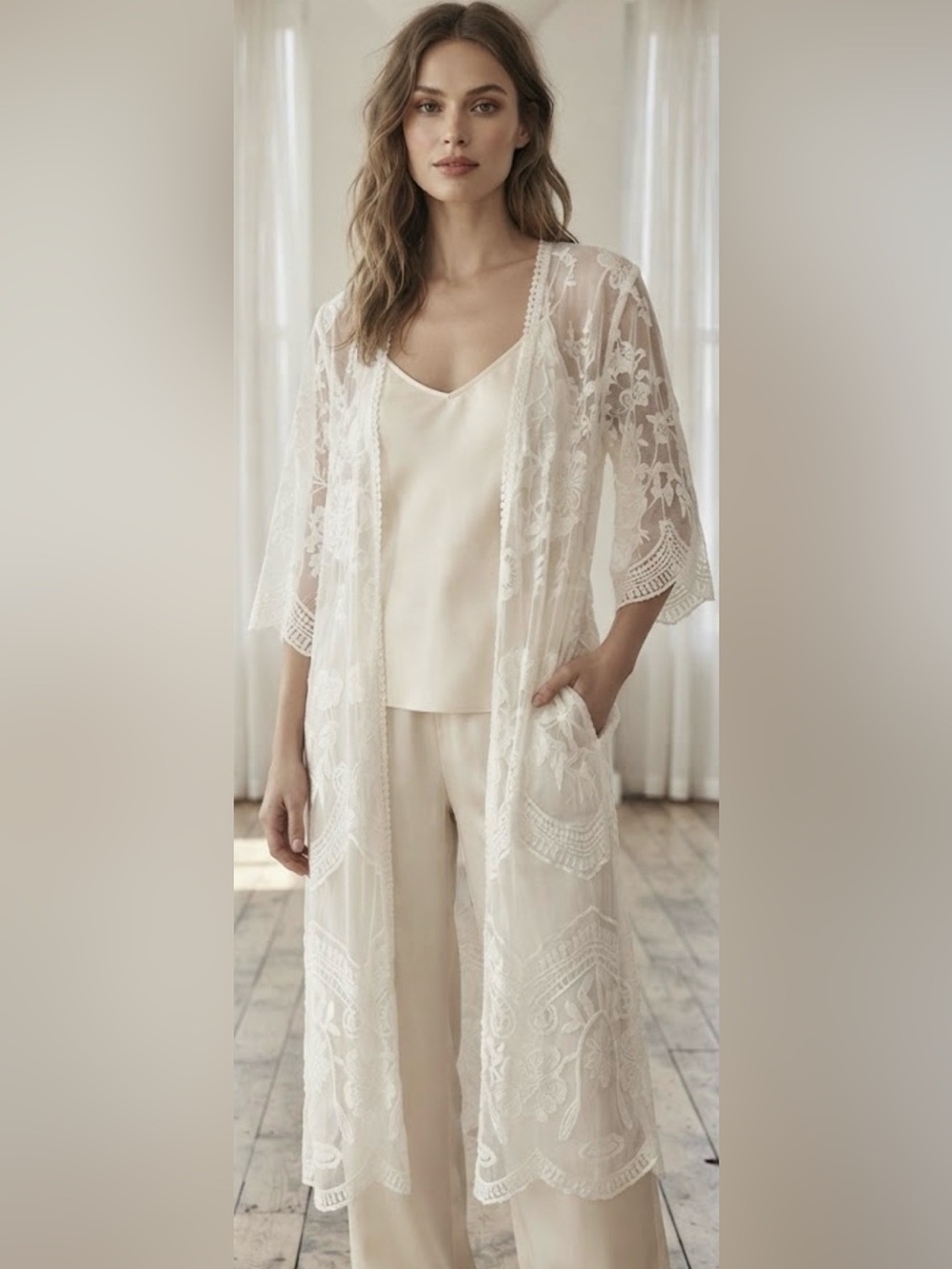 Woven Heart Ivory Sheer Lace Duster Robe